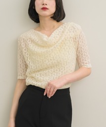 【上品見えする5分袖デザイン】ドレープレースハーフスリーヴトップス
