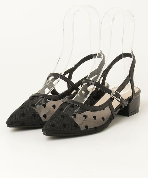 ［美品］チュールストラップパンプス アンクルストラップ ローヒール チュール パンプス 送料無料