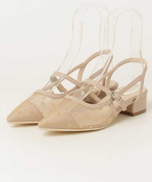 ［美品］チュールストラップパンプス アンクルストラップ ローヒール チュール パンプス 送料無料