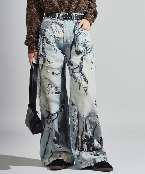 Chick（チック）の「3D-Printed Straight-Leg Denim Pants / 立体プリント ストレートデニムパンツ（デニムパンツ・レディース・ブルー系2/ブルー系1・FREE）」の2枚目の写真