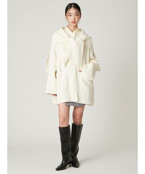 セール】マフラー付ノーカラーリバーミドルコート（ノーカラー