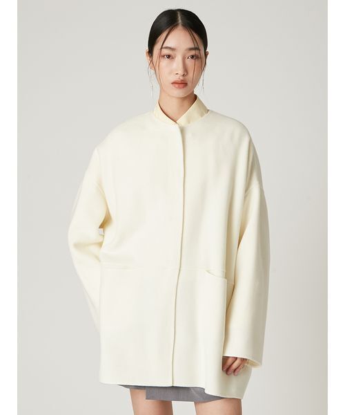 セール】マフラー付ノーカラーリバーミドルコート（ノーカラー