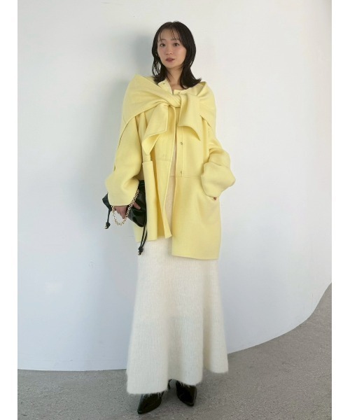 セール】マフラー付ノーカラーリバーミドルコート（ノーカラー