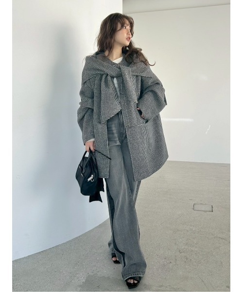 セール】マフラー付ノーカラーリバーミドルコート（ノーカラー