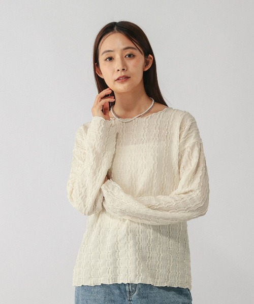 GLOBAL WORK(グローバルワーク)の「Beautee変形ジャガード長袖/595358(Tシャツ/カットソー・レディース・オフホワイト/ブラック/ピンク・MEDIUM/LARGE)」の1枚目の写真