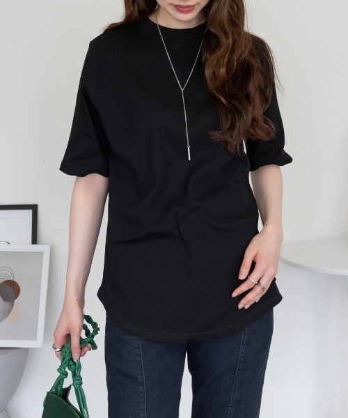 RCD(アールシーディー)の「2×2リブ プチハイネック半袖Tシャツ(Tシャツ/カットソー・レディース・ブラック/オフホワイト・L/M/LL)」の2枚目の写真