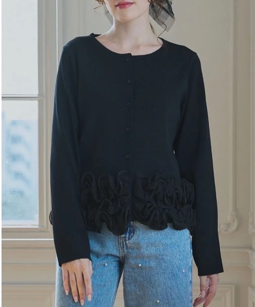 裾フリルフラワーニットカーディガン（カーディガン/ボレロ）｜M y u