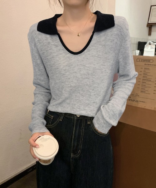 ReRe(リリ)の「配色襟付きニットトップス(ニット/セーター・レディース・ネイビー/グレー/カーキ/オートミール・FREE)」の2枚目の写真