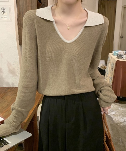 ReRe(リリ)の「配色襟付きニットトップス(ニット/セーター・レディース・ネイビー/グレー/カーキ/オートミール・FREE)」の4枚目の写真