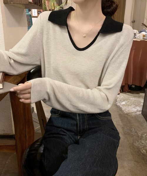 ReRe(リリ)の「配色襟付きニットトップス(ニット/セーター・レディース・ネイビー/グレー/カーキ/オートミール・FREE)」の22枚目の写真