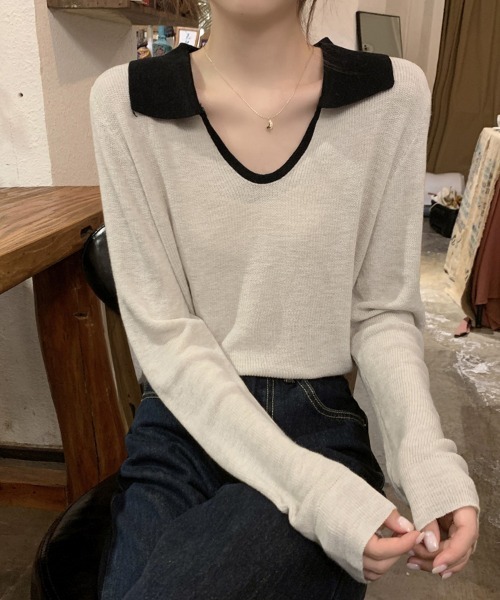 ReRe(リリ)の「配色襟付きニットトップス(ニット/セーター・レディース・ネイビー/グレー/カーキ/オートミール・FREE)」の21枚目の写真