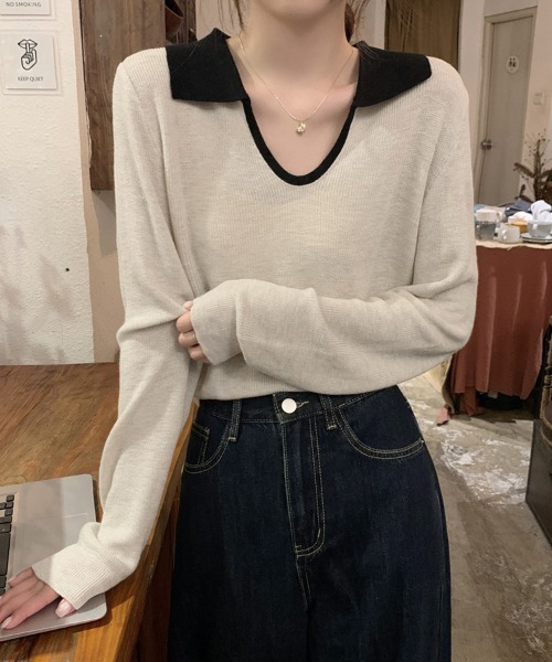ReRe(リリ)の「配色襟付きニットトップス(ニット/セーター・レディース・ネイビー/グレー/カーキ/オートミール・FREE)」の20枚目の写真