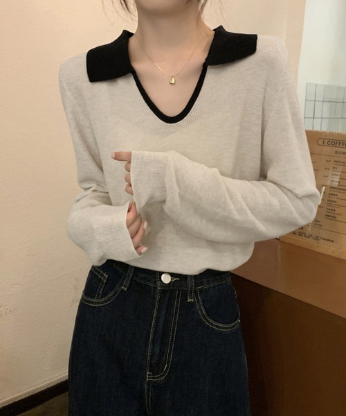 ReRe(リリ)の「配色襟付きニットトップス(ニット/セーター・レディース・ネイビー/グレー/カーキ/オートミール・FREE)」の19枚目の写真