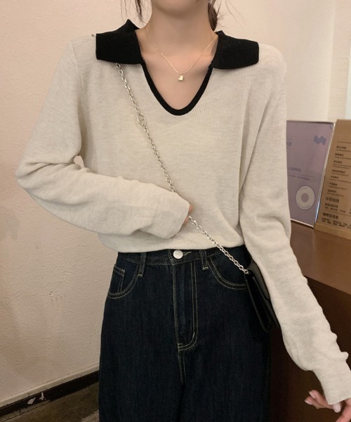 ReRe(リリ)の「配色襟付きニットトップス(ニット/セーター・レディース・ネイビー/グレー/カーキ/オートミール・FREE)」の18枚目の写真