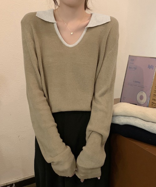 ReRe(リリ)の「配色襟付きニットトップス(ニット/セーター・レディース・ネイビー/グレー/カーキ/オートミール・FREE)」の17枚目の写真