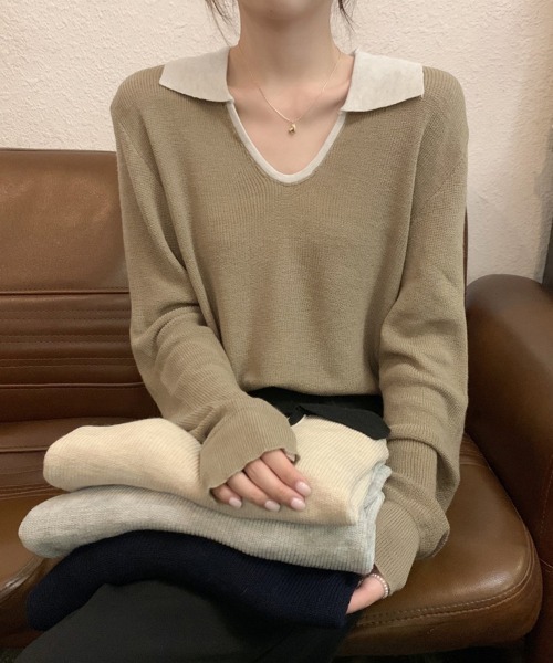 ReRe(リリ)の「配色襟付きニットトップス(ニット/セーター・レディース・ネイビー/グレー/カーキ/オートミール・FREE)」の16枚目の写真