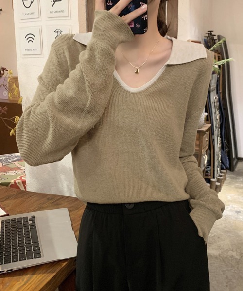 ReRe(リリ)の「配色襟付きニットトップス(ニット/セーター・レディース・ネイビー/グレー/カーキ/オートミール・FREE)」の15枚目の写真