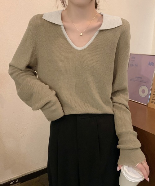 ReRe(リリ)の「配色襟付きニットトップス(ニット/セーター・レディース・ネイビー/グレー/カーキ/オートミール・FREE)」の14枚目の写真