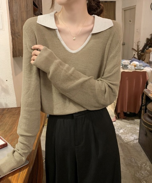 ReRe(リリ)の「配色襟付きニットトップス(ニット/セーター・レディース・ネイビー/グレー/カーキ/オートミール・FREE)」の13枚目の写真