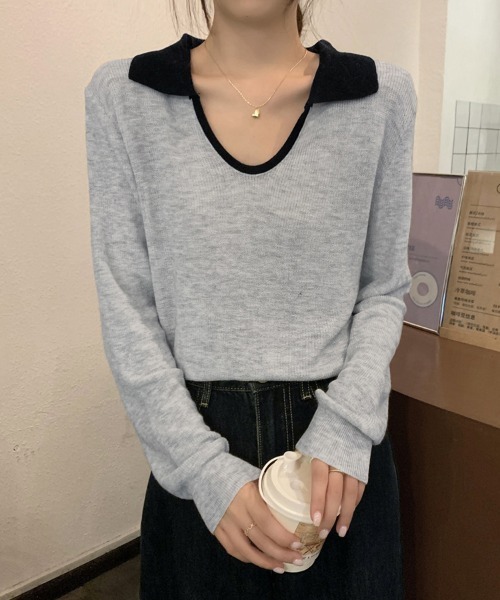 ReRe(リリ)の「配色襟付きニットトップス(ニット/セーター・レディース・ネイビー/グレー/カーキ/オートミール・FREE)」の12枚目の写真