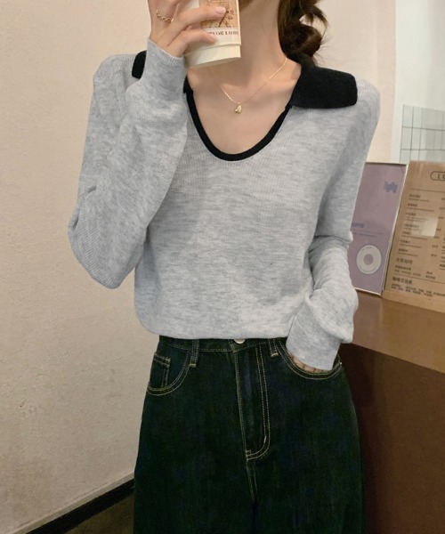 ReRe(リリ)の「配色襟付きニットトップス(ニット/セーター・レディース・ネイビー/グレー/カーキ/オートミール・FREE)」の11枚目の写真