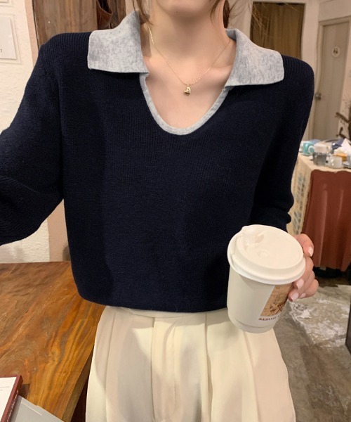 ReRe(リリ)の「配色襟付きニットトップス(ニット/セーター・レディース・ネイビー/グレー/カーキ/オートミール・FREE)」の10枚目の写真