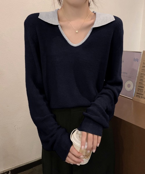 ReRe(リリ)の「配色襟付きニットトップス(ニット/セーター・レディース・ネイビー/グレー/カーキ/オートミール・FREE)」の9枚目の写真