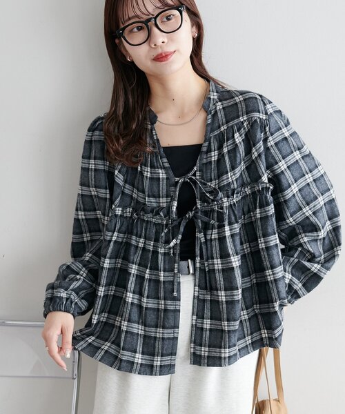 着映えブラウス/WEB限定】前リボンチェックブラウス（シャツ/ブラウス
