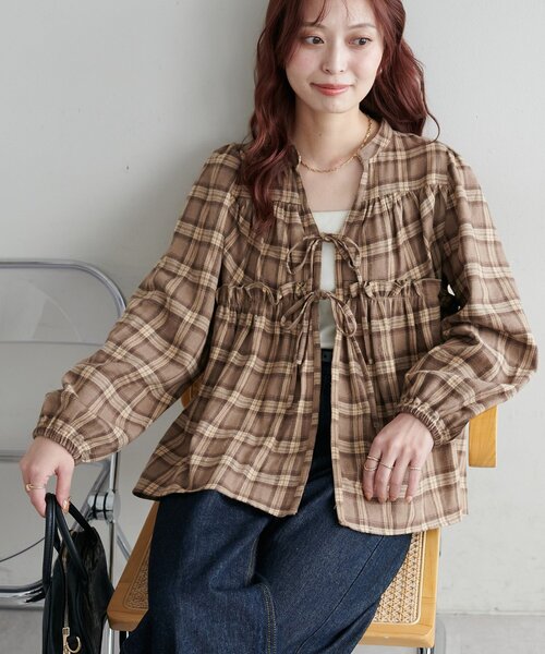 セール】【着映えブラウス/WEB限定】前リボンチェックブラウス（シャツ