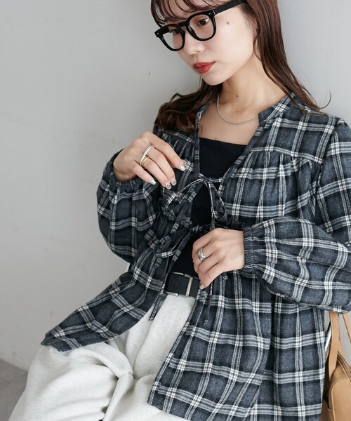 セール】【着映えブラウス/WEB限定】前リボンチェックブラウス（シャツ