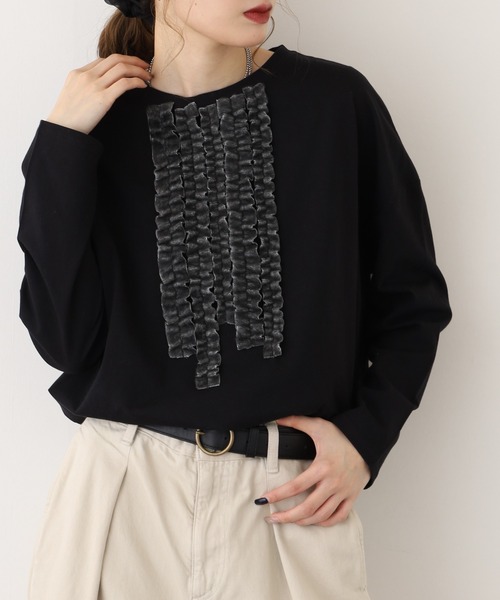 BARNDOOR（バーンドア）の「20天竺線フリルドルマンロンT 長袖（Tシャツ/カットソー・レディース・杢グレー/アイボリー/ブラック・FREE）」の2枚目の写真