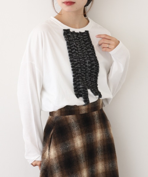 BARNDOOR（バーンドア）の「20天竺線フリルドルマンロンT 長袖（Tシャツ/カットソー・レディース・杢グレー/アイボリー/ブラック・FREE）」の5枚目の写真