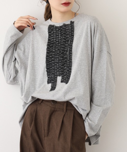 BARNDOOR（バーンドア）の「20天竺線フリルドルマンロンT 長袖（Tシャツ/カットソー・レディース・杢グレー/アイボリー/ブラック・FREE）」の19枚目の写真