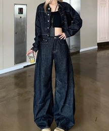 デニムジャケットハイウエストワイドレッグデニムパンツ セットアップット