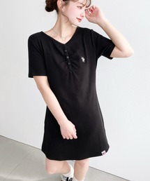 moment＋別注【U.S.POLO ASSN.】ワンポイント刺繍フロントギャザーヘンリーVネック半袖ワンピース