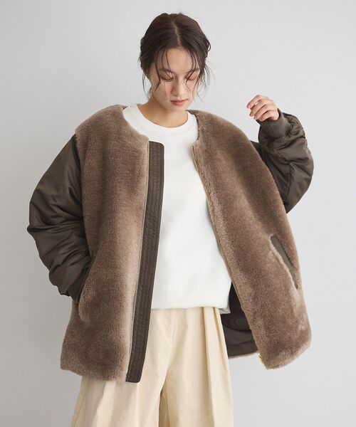 GARAGE OF GOOD CLOTHING（ガレージオブグッドクロージング）の「ヘイジーボア切り替えコート（ノーカラーコート・レディース・ブラック/モカ・FREE）」の3枚目の写真