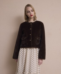 ノーカラージャケット（ブラウン/茶色系・ショート丈）ファッション