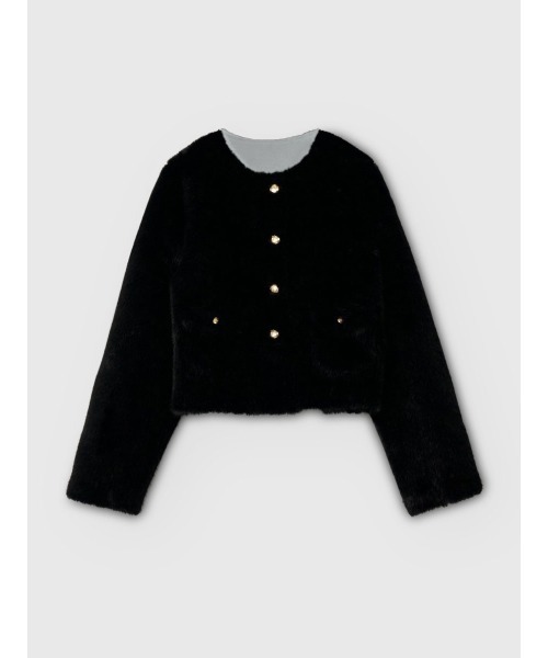 ゴールドボタンフェイクファージャケット（ノーカラージャケット