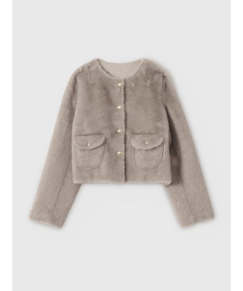ゴールドボタンフェイクファージャケット（ノーカラージャケット