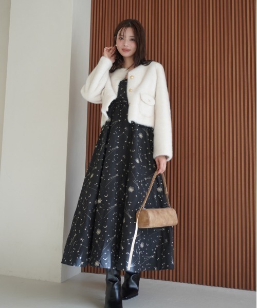 ゴールドボタンフェイクファージャケット（ノーカラージャケット