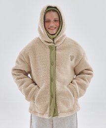 SOME PLACE（サムプレイス）の「ウールオーバーサイズ配色刺繍フリースフードミディジャケットジャンパー[ベージュ]（その他アウター）」