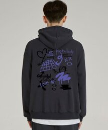 バックグラフィティワッフル裏毛フードパーカー_チャコール