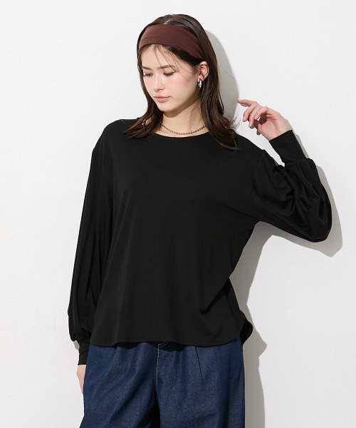 slattgir(スラットジール)の「高身長 きれいめラウンドネック袖ボリュームカットソートップス(トールサイズ)(Tシャツ/カットソー・レディース・ネイビー/ブラック/オフホワイト・T5L/T4L/T3L/TLL/TL/TM)」の1枚目の写真