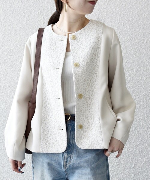 SHIPS any:〈手洗い可能〉ダブルクロス レース 切替 ノーカラー