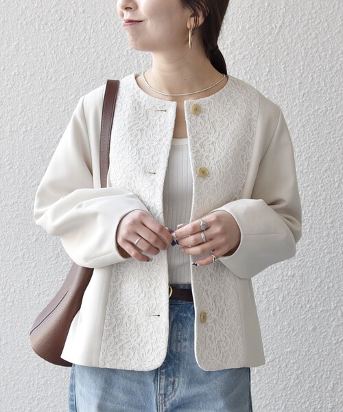 SHIPS any:〈手洗い可能〉ダブルクロス レース 切替 ノーカラー