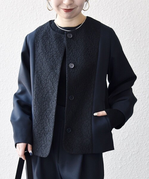 SHIPS any:〈手洗い可能〉ダブルクロス レース 切替 ノーカラー