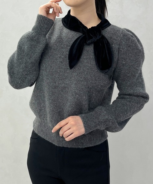 MISCH MASCH（ミッシュマッシュ）の「一部店舗限定 配色リボンボウタイ風ニットプルオーバー（ニット/セーター・レディース・ホワイト/チャコールグレー・ﾌﾘ-）」の22枚目の写真