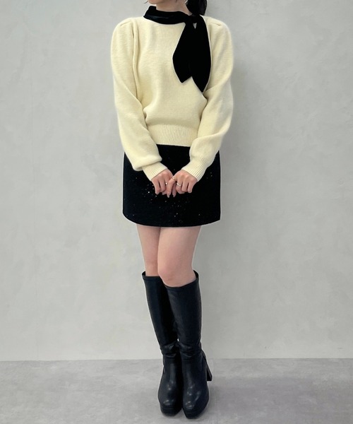 MISCH MASCH（ミッシュマッシュ）の「一部店舗限定 配色リボンボウタイ風ニットプルオーバー（ニット/セーター・レディース・ホワイト/チャコールグレー・ﾌﾘ-）」の19枚目の写真