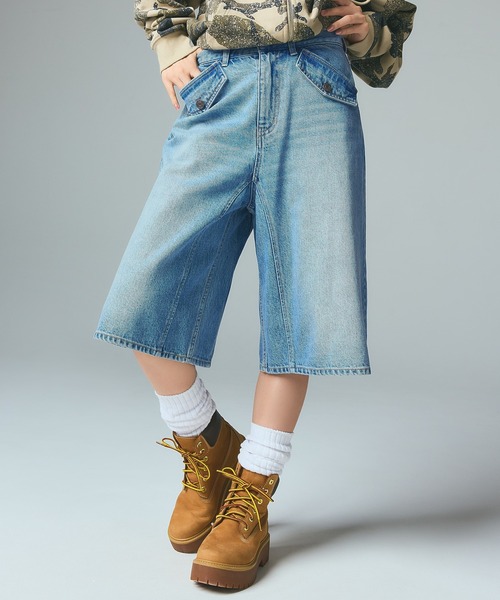 X-girl（エックスガール）の「FLAP POCKET SHORTS（デニムパンツ・レディース・ブラック/カモフラージュ/ライトインディゴブルー・XS/S/M）」の13枚目の写真