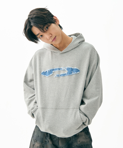 Pigment Washed Denim Applique Hoodie M.Gray